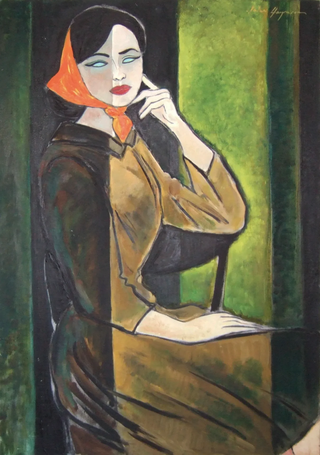 A painting of a woman with a scarf on her neck.