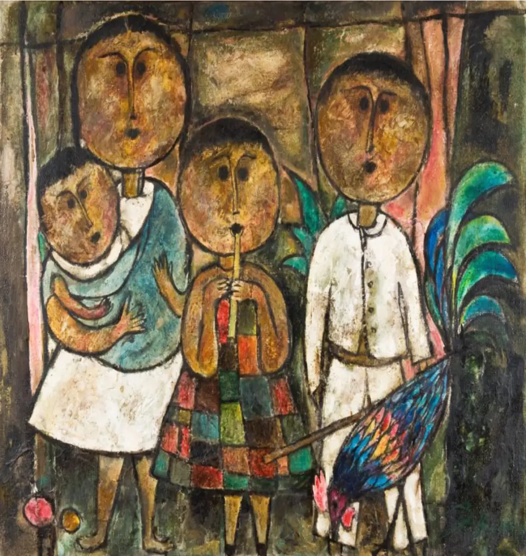 A painting of three people and a bird