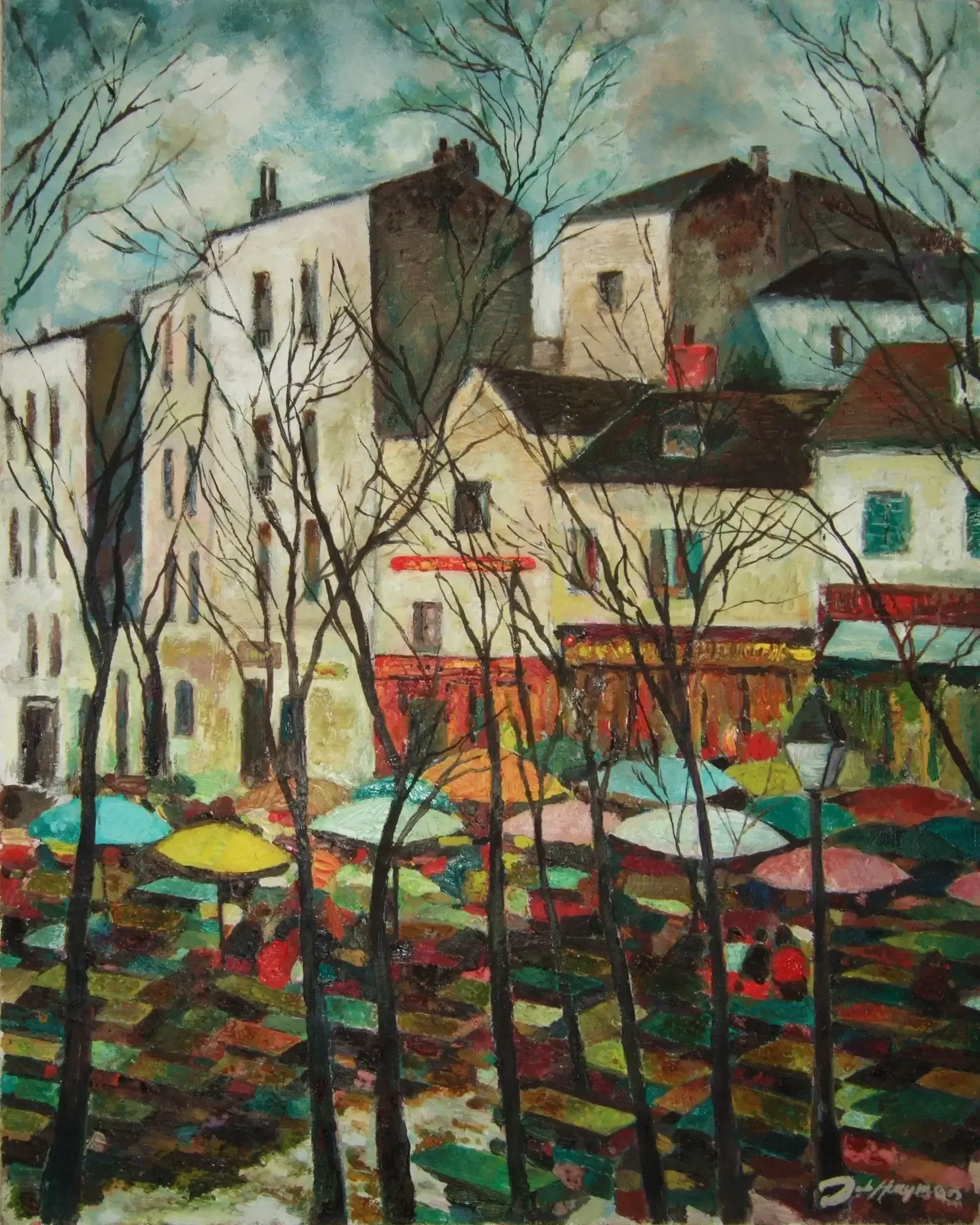 A painting of trees and buildings with umbrellas