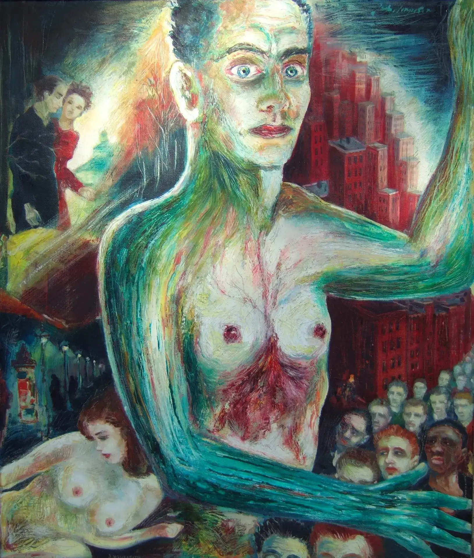 A painting of a woman with green skin and red hair.